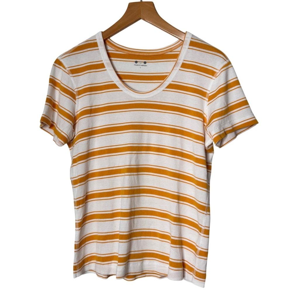 Three Dots Womens Striped Scoop Neck T-Shirt Mustard Yellow White Size Large